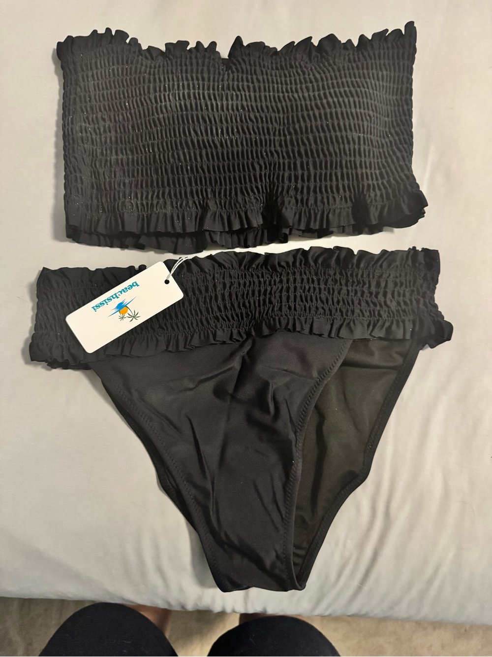 Smocked Bandeau Bikini Set - Black